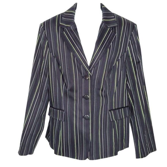 NEW John Meyer Fitted Blazer Jacket Navy Blue Sz 18 Green & White Stripes - Picture 1 of 6